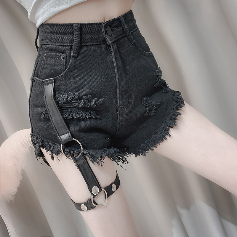 ins超火抖音网红款小心机黑色高腰毛边牛仔超级短裤缕空腿环热裤