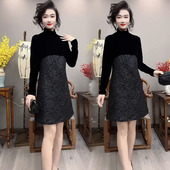 2023秋冬新款 气质名媛半高领丝绒拼接a字版 连衣裙百搭显瘦打底裙