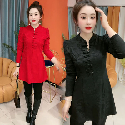 国风加绒旗袍领盘扣开叉衬衫裙