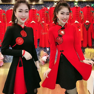 新年红色连衣裙女2022冬新款气质修身大码显瘦中国风本命年旗袍裙