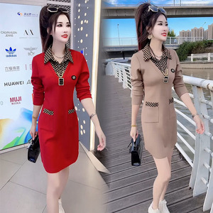 欧货连衣裙女2024秋新款通勤气质衬衫领假两件减龄显瘦中长打底裙