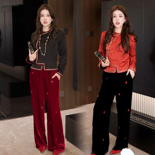国风时尚套装女2026春季新款气质女神范盘扣上衣丝绒阔腿裤两件套