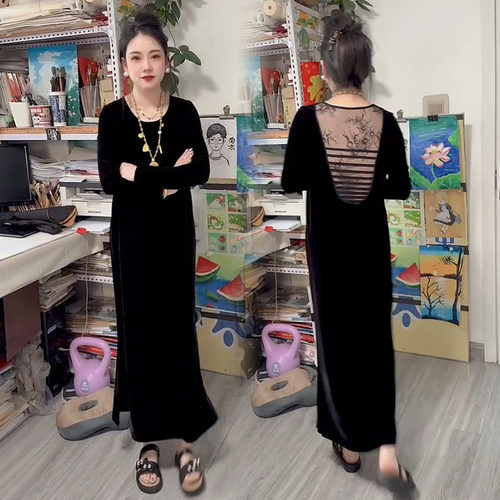 通勤蕾丝拼接美背丝绒开叉长裙
