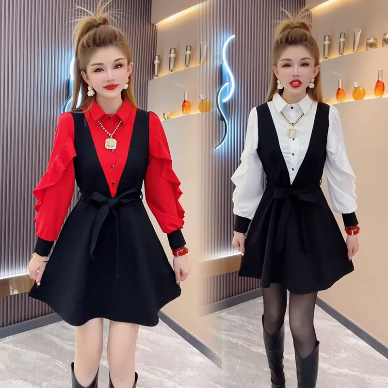 通勤拼色飞边假两件衬衫领a字裙