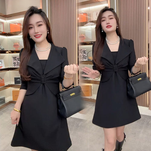 通勤a字假两件收腰显瘦连衣裙