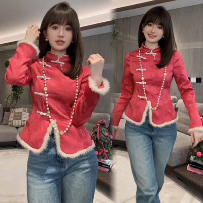 国风毛毛拼接批发价旗袍短外套