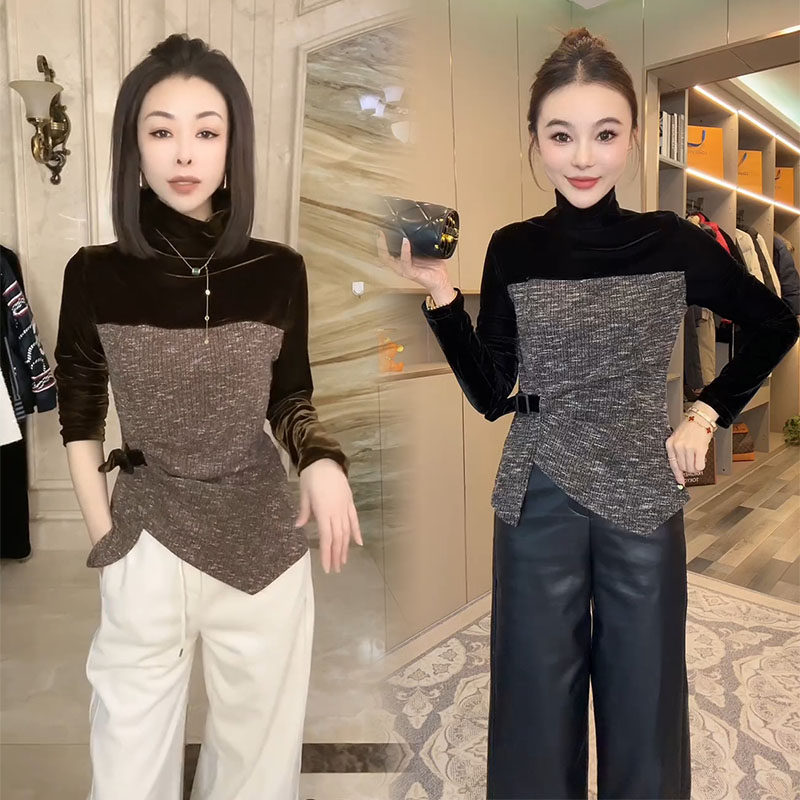 长袖通勤丝绒拼接收腰高领t恤