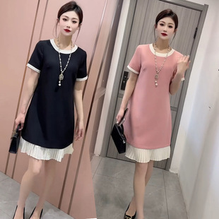 短袖 小香风气质荷叶边撞色中长款 a字裙 新款 欧货连衣裙女2024夏季