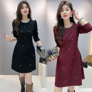 显瘦中长款 气质名媛重工钉珠修身 打底裙 新款 欧货连衣裙女2024冬季