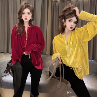 韩版丝绒衬衫女2024冬新款时尚气质减龄半拉链宽松灯笼袖显瘦打底