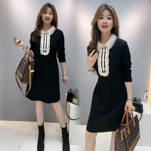 通勤蕾丝拼接娃娃领飞边a字裙