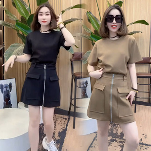 休闲连衣裙女2025夏季新款时尚气质设感短袖t恤半裙假两件连体裙