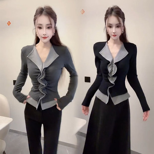 欧货衬衫女25秋冬新款气质减龄女人味修身显瘦拼色百搭加绒打底衫