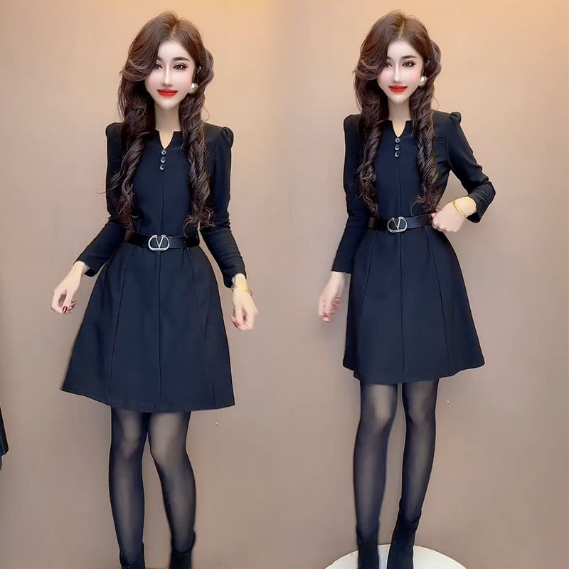 通勤纯色中长款腰带A字摆连衣裙