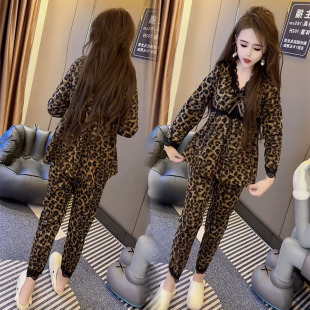 韩版睡衣女秋冬新款V领蕾丝边长袖长裤可外穿大码豹纹家居服套装