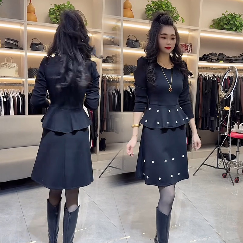 通勤百搭荷叶边钉珠假两件连衣裙