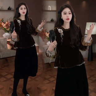 韩版时尚套装女2026秋冬新款女神范喇叭袖丝绒娃娃衫花苞裙两件套