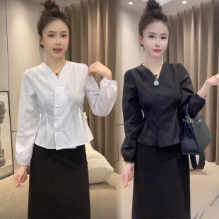 收腰显瘦V领简约干练百搭上衣打底衫 新款 女2024秋季 通勤气质衬衫