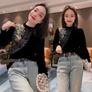 设计感不对称花色拼接飞边盘扣打底衫 新款 女2024冬季 国风丝绒衬衫