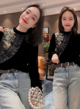 国风丝绒衬衫女2024冬季新款设计感不对称花色拼接飞边盘扣打底衫