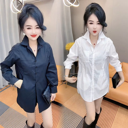 通勤单排扣长袖锦棉侧开叉衬衫
