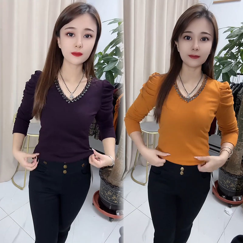 长袖通勤V领镶钻纯色打底衫t恤女