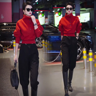 欧货2025早春新款时尚套装女休闲半开领卫衣高腰裤显瘦大气两件套