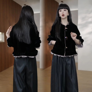 国风棉服女2026秋冬新款少女感拼色喇叭袖荷叶边收腰丝绒夹棉外套