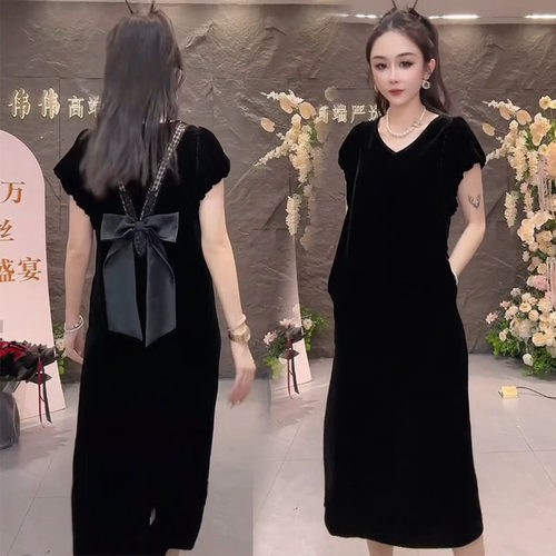 松弛风H型美背蝴蝶结丝绒连衣裙