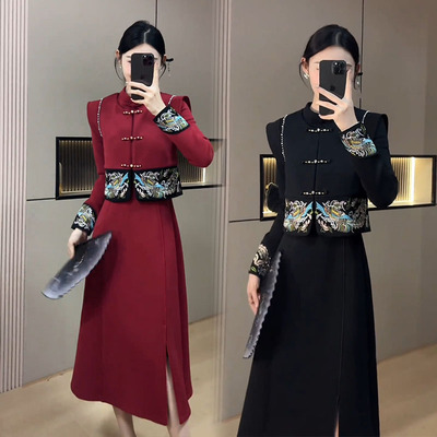 冬季加绒刺绣马夹旗袍裙时尚套装