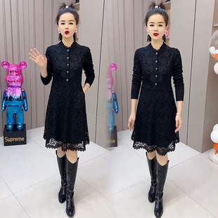 显瘦大码 气质女人味修身 加绒打底连衣裙 新款 网红蕾丝裙女2023冬季