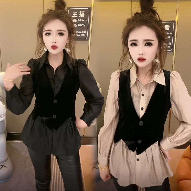 2023春季新款假两件衬衫女神设计感网红通勤气质拼接显瘦打底衫冬,女装/女士精品,衬衫,淘宝优惠券,粉丝福利购,淘宝优惠卷