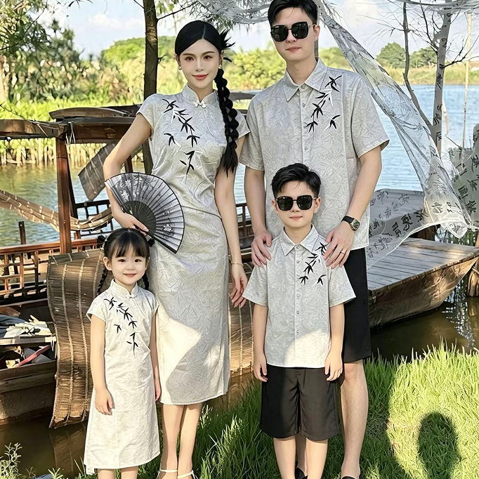 新中式亲子装中国风全家福拍照高级感母子礼服母女旗袍裙父子衬衫
