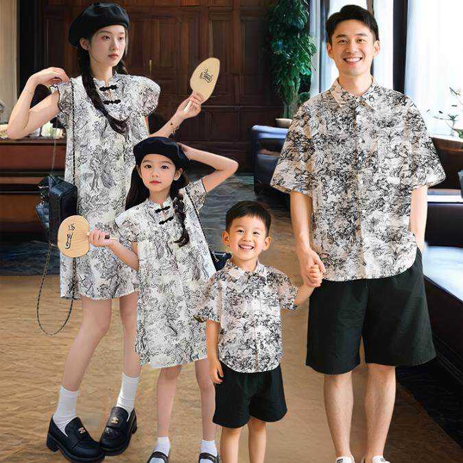 新中式亲子装中国风唐装父子衬衫母女旗袍母子一家三口四口全家装