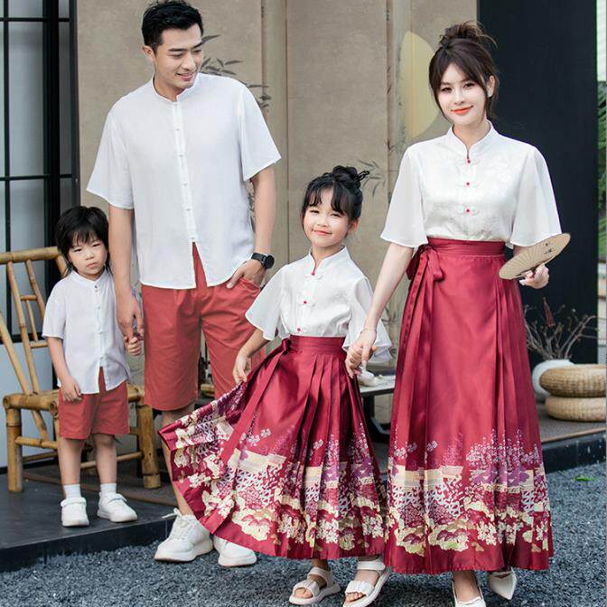 全家福拍照亲子装夏季中国风母女马面裙礼服一家四口父子唐装汉服