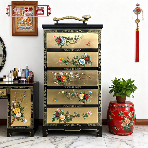 新中式实木纯手工贴金彩绘漆柜仿古五斗柜装饰复古家具新古典精品