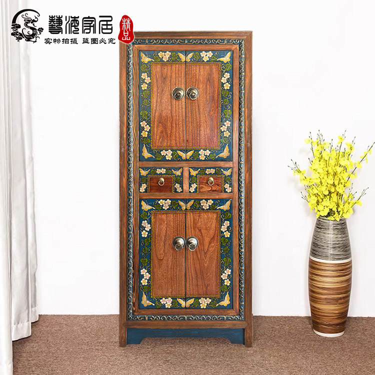 彩绘斗柜新中式实木复古典书柜手绘西藏玄关高柜做旧储物文件柜