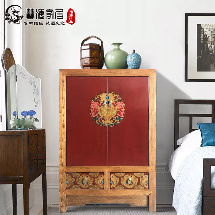 新中式复古实木衣柜仿古做旧储物收纳高柜卧室整体装饰立柜定制