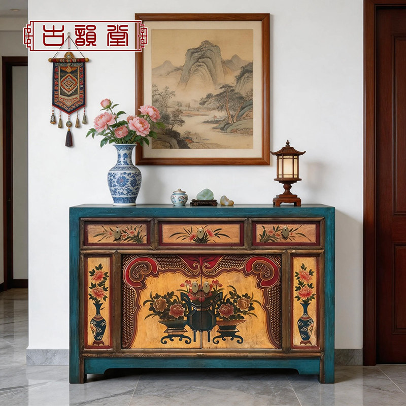 中式彩绘家具做旧餐边柜仿古实木玄关古典鞋柜手绘复古家具装饰柜