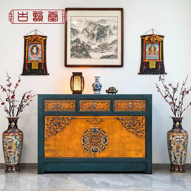 新中式实木家具门厅玄关柜手绘复古装饰柜鞋柜客厅装饰仿古做旧柜