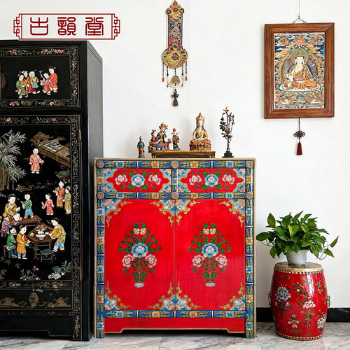 彩绘西藏式柜新中式仿古典实木玄关柜做旧餐边柜复古彩漆门厅鞋柜