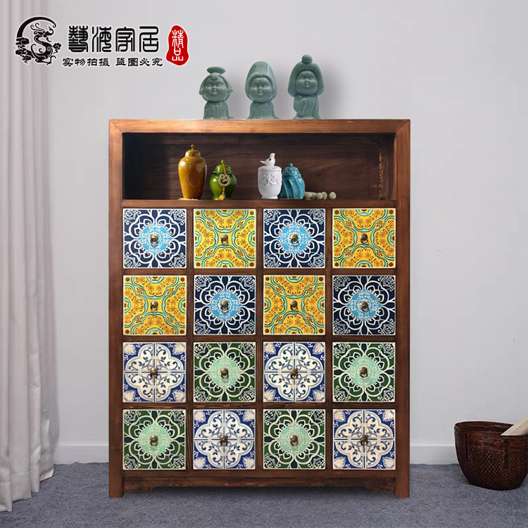 中式复古实木斗柜彩绘客厅储物柜抽屉式收纳柜阳台多层置物柜卧室