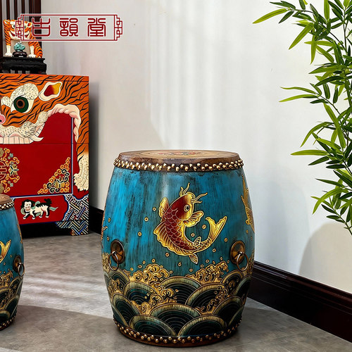 45cm鼓凳客厅装饰牛皮实木等位凳彩绘换鞋凳小圆凳鼓墩新中式茶凳