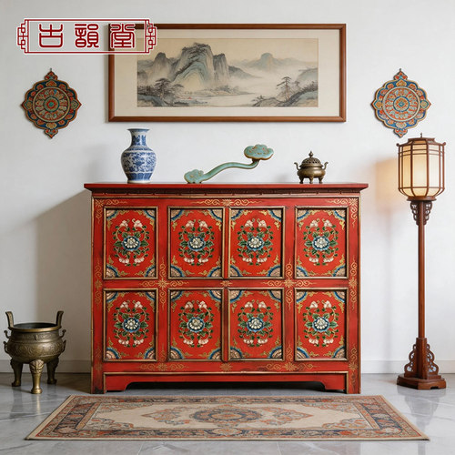 彩绘仿古实木中式餐边储物柜