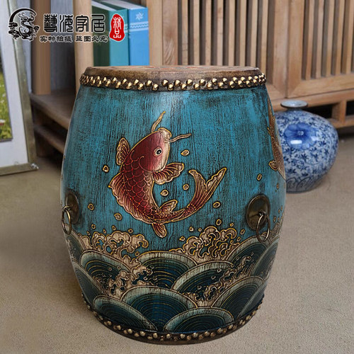 45cm鼓凳客厅装饰牛皮实木等位凳彩绘换鞋凳小圆凳鼓墩新中式茶凳