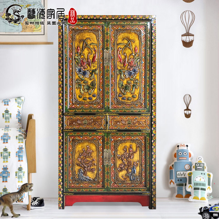 新中式实木仿古手绘衣柜复古做旧明清古典衣橱带挂衣杆彩漆柜现代