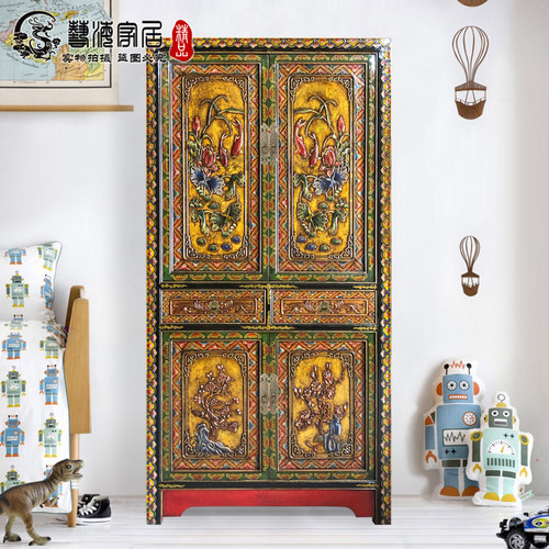 新中式实木仿古手绘衣柜复古做旧明清古典衣橱带挂衣杆彩漆柜现代