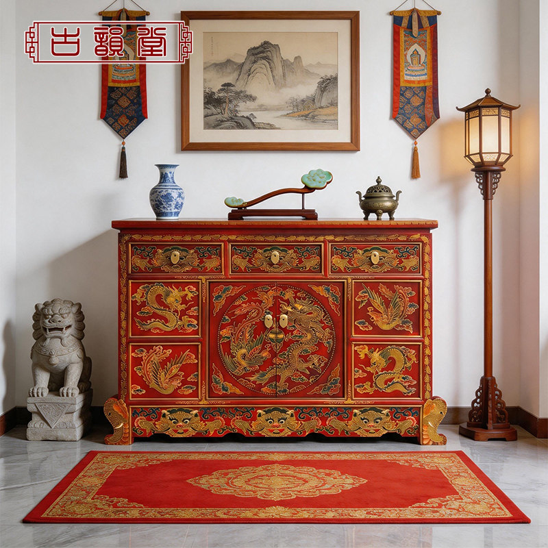 新中式古典家具彩绘餐边柜酒柜大堂前台柜玄关柜藏式门厅隔断佛台