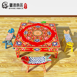 彩绘炕桌家用榻榻米桌实木学习家用吃饭老式 新中式 飘窗桌子小茶几