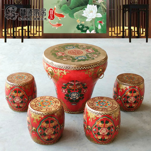 中式彩绘花盆鼓茶几鼓桌做旧实木牛皮手绘大鼓圆鼓桌台茶组合环保